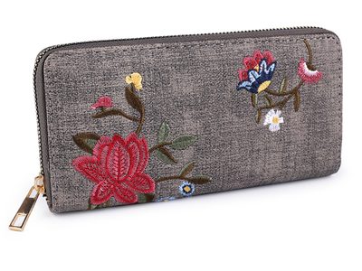 Dámská peněženka s vyšívanými květy 9,5x19 cm{% if variant.name %} – 2 šedá střední{% endif %}