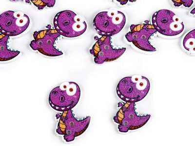 Dřevěný dekorační knoflík opice, dinosaurus, ptáček 10 kusů{% if variant.name %} – 2 fialová - dinosaurus{% endif %}