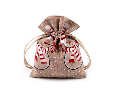 Vánoční dárkový pytlík 10x13 cm - 2 režná přírodní sněhulák
