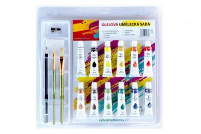 Barvy olejové 12ml 12ks se štětci 2ks s blokem s doplňky na kartě 31x31cm{% if product.brand.name %} – SMT Creatoys{% endif %}