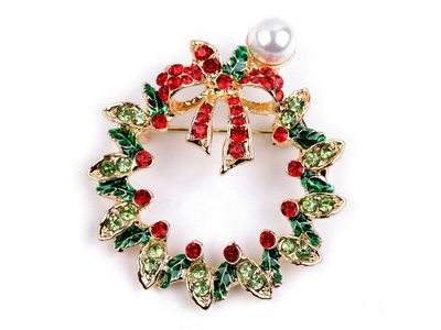 Brož s broušenými kamínky věneček - 4 zelená zlatá