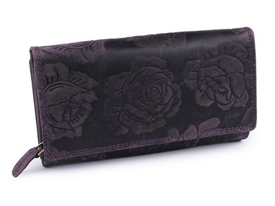 Dámská peněženka kožená s květy 10x19 cm{% if variant.name %} – 14 fialová tmavá{% endif %}
