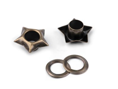 Průchodky s podložkou vnitřní Ø5 mm / vnější Ø12,7 mm hvězda 50 párů{% if variant.name %} – 3 staromosaz{% endif %}