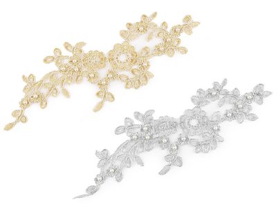 Lurexová aplikace / vsadka na monofilu 10,5x32 cm s perlami, na společenské šaty{% if product.brand.name %} – Stoklasa{% endif %}
