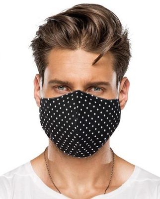 Ústní rouška bavlněná na gumičku s vnitřní kapsou - délka oblouku 18cm černý puntík{% if product.brand.name %} – Bellatex{% endif %}