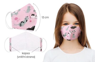 Dětská rouška s kapsou na gumičky - délka oblouku 13cm růžová kočka{% if product.brand.name %} – Bellatex{% endif %}