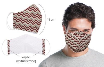 Ústní rouška bavlněná na gumičku s vnitřní kapsou - délka oblouku 15cm chevron vínový – fotka 1