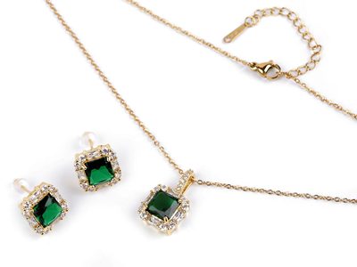 Sada náhrdelník a náušnice z nerezové oceli s broušenými kamínky{% if variant.name %} – 2 emerald{% endif %}