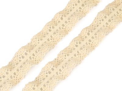 Bavlněná krajka / volánek šíře 23 mm paličkovaná oboustranná elastická METRÁŽ{% if variant.name %} – 2 béžová světlá{% endif %}
