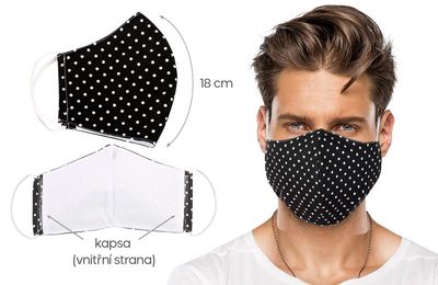 Ústní rouška bavlněná na gumičku s vnitřní kapsou - délka oblouku 18cm černý puntík – fotka 1