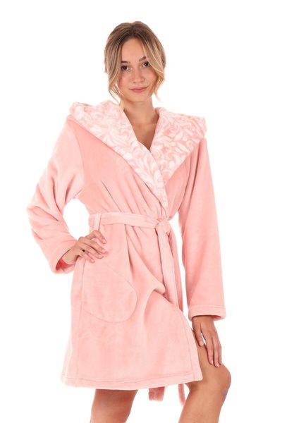 Krátký dámský župan s kapucí Flora růžová perla 48 56 3050