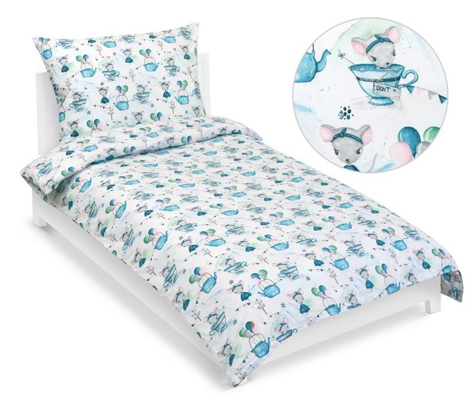 Povlečení bavlněné Junior - 140x200, 70x90 cm Myška v hrnečku modrá