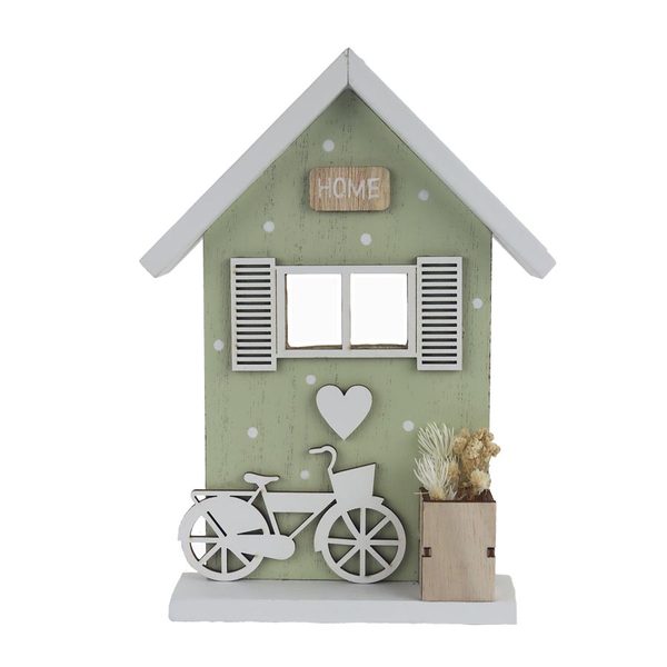 Dekorace domeček s jízdním kolem D6113 - 19 cm