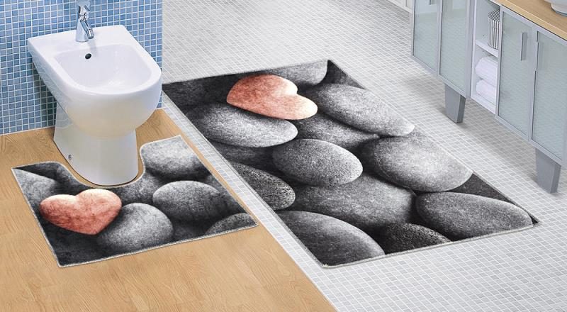 Koupelnové předložky 3D tisk sada - sada (60x100, 60x50 cm WC) tmavé kameny