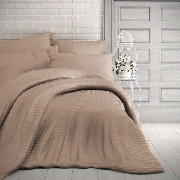 Saténové povlečení s proužkem 1+2, 240x200, 70x90cm BÉŽOVÉ