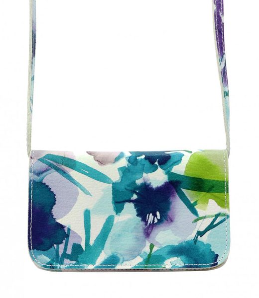 Kožená modrozelená dámská podélná crossbody kabelka v motivu květů