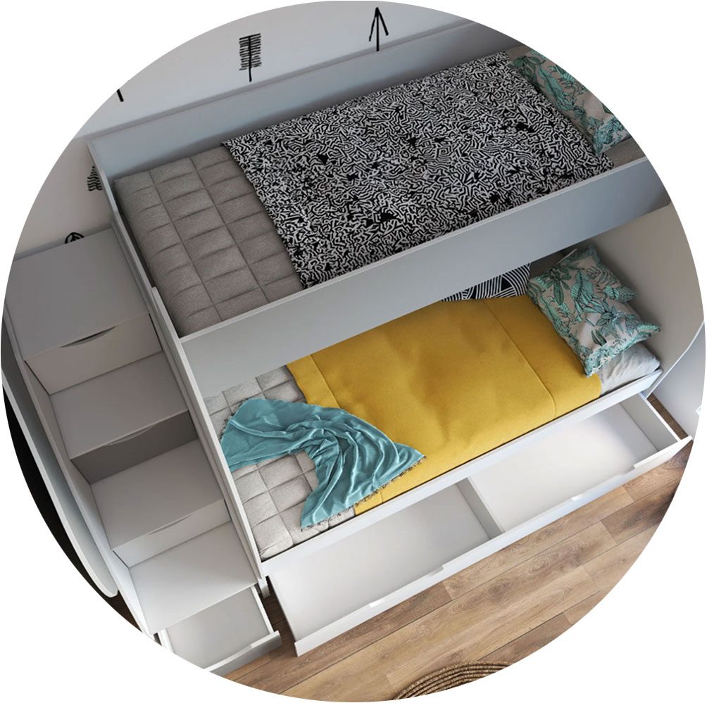 Dvoupatrová postel s úložným prostorem a schody Torfi