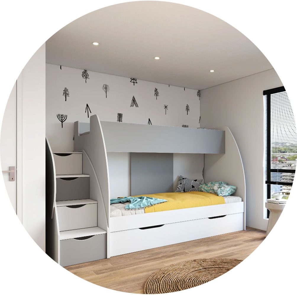 Dvoupatrová postel s úložným prostorem a schody Torfi