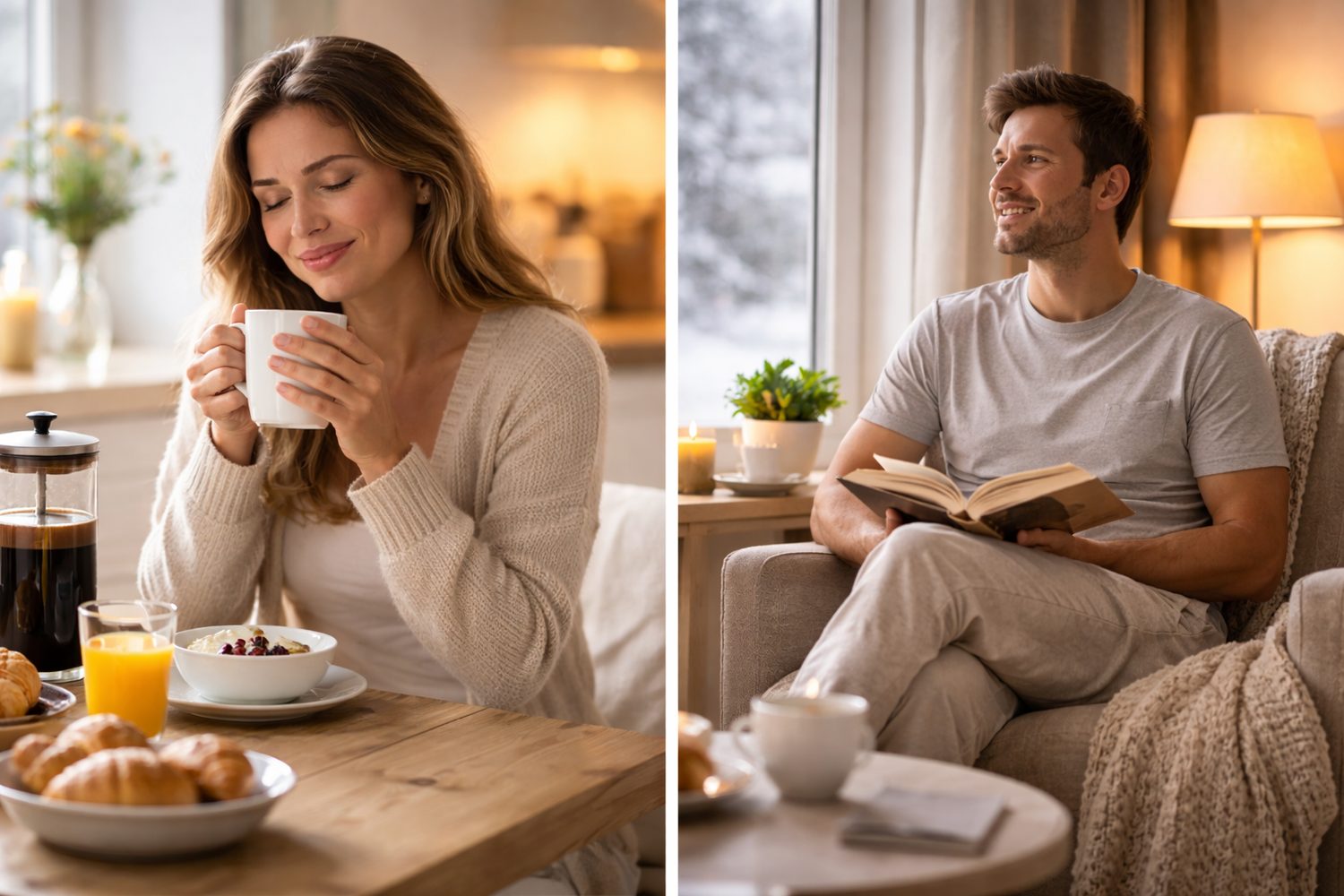 Klidné zimní ráno doma – šálek kávy a chvíle relaxace v obývacím pokoji
