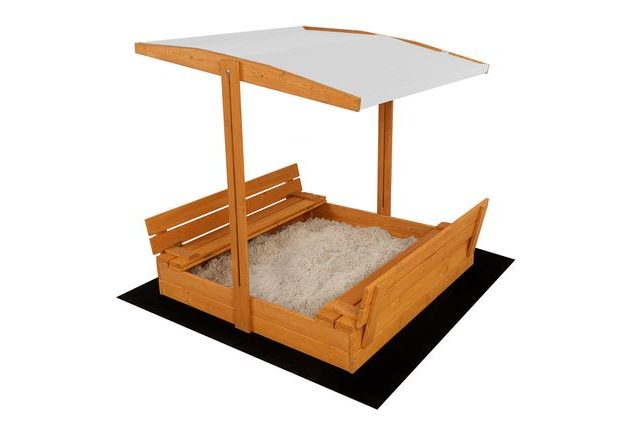 Uzavíratelné pískoviště pro děti s lavičkami a stříškou, impregnované pro ochranu před vlhkostí a zajištění bezpečného hraní na zahradě