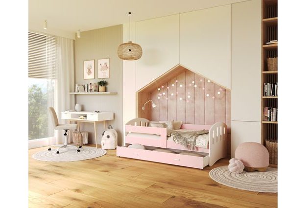 Elegantní dětská postel Happy s ochrannou zábranou a úložným prostorem
