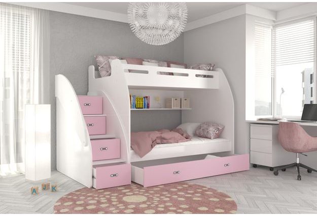 Dvoupatrová postel s úložným prostorem a schody Zuzia 90/120x200 cm + rošt ZDARMA
