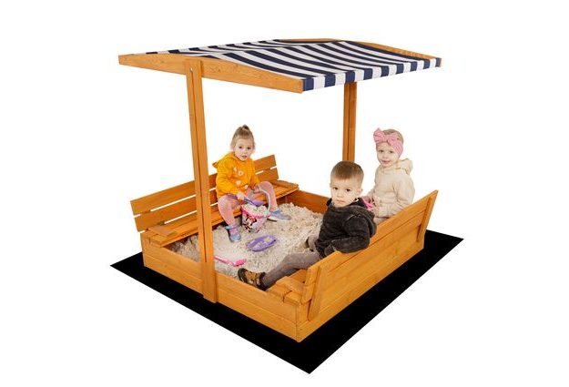 Dřevěné uzavíratelné pískoviště pro děti s lavičkami a stříškou, impregnované pro ochranu před nepříznivými povětrnostními vlivy, ideální na zahradu