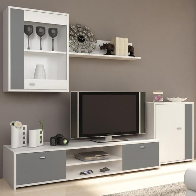 Obývací stěna s úložným prostorem a skříňkami GENTA, bílá/šedá - Obývací stěna s úložným prostorem Genta