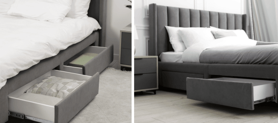 Postel s výsuvnými úložnými zásuvkami pod lůžkem, které mohou ovlivňovat stabilitu a vrzání