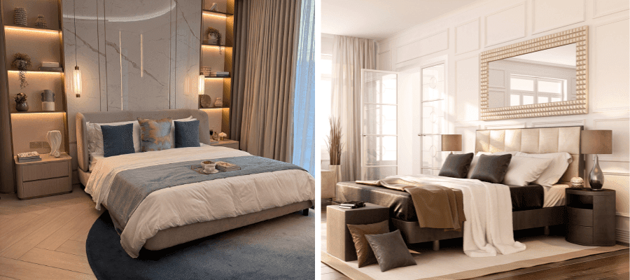 Inspirace na dvě ložnice – moderní ložnice s nočními stolky a útulná ložnice s dekoracemi