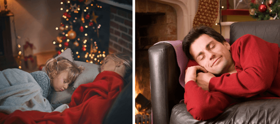 Vánoční hosté spící v obýváku – rodinné přespání během svátků v útulném prostředí