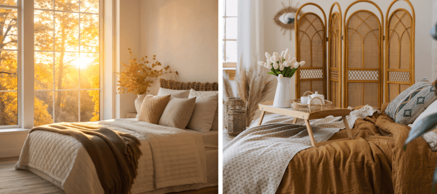 ALT="Podzimní ložnice s výhledem na zapadající slunce a útulným povlečením
