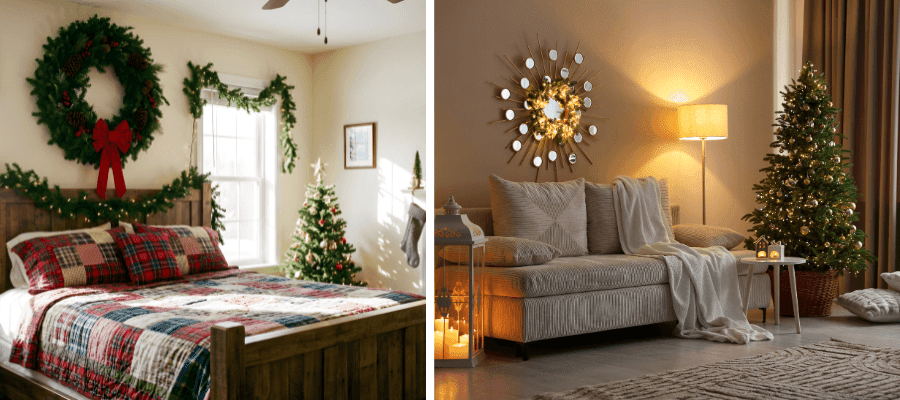 Vánočně vyzdobená ložnice a obývací pokoj připravené pro hosty během svátků