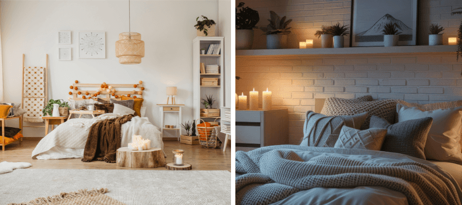 Podzimně laděná ložnice se svíčkami, přírodními dekoracemi a hřejivými textiliemi