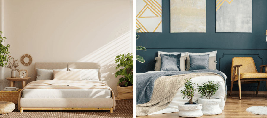 Srovnání dvou ložnic – světlá skandinávská ložnice a barevná retro ložnice s odlišnými typy postelí