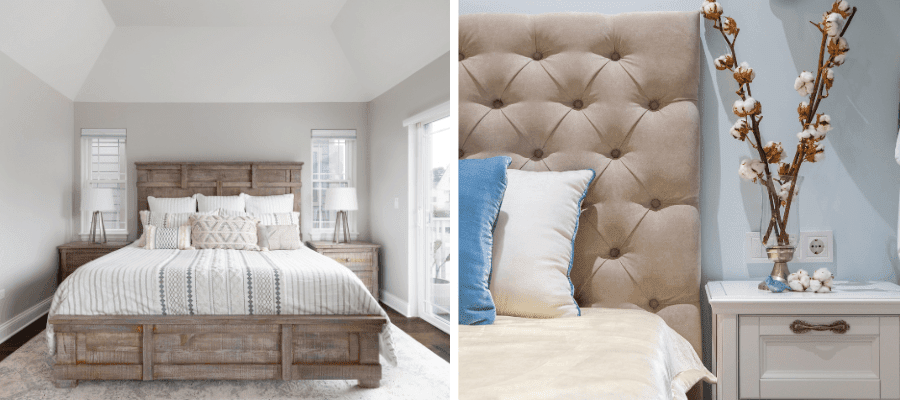 Postel s dřevěným čelem a postel s čalouněným čelem v moderní ložnici