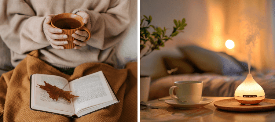 ALT="Podzimní večerní rituál – šálek čaje a kniha pod teplou dekou a aromaterapie a uklidňující světlo v ložnici pro klidný spánek