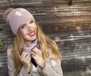SET! Dámská čepice s kamínky a šálou - pink