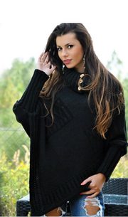 Dámské pletené pončo s rukávy - black