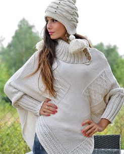 Dámské pletené pončo s rukávy - beige