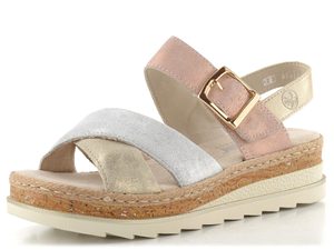Rieker sandály na platformě s klínkem nude/silver/rosa/muschel V7951-90