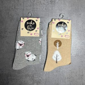 Dámské teplé ponožky s obrázky šedé/ovečka, béžové/lísteček 2 páry 37714