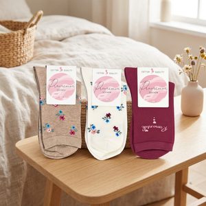 Dámské bavlněné ponožky s květinkami 3 páry béžová/vínová/smetanová 34325