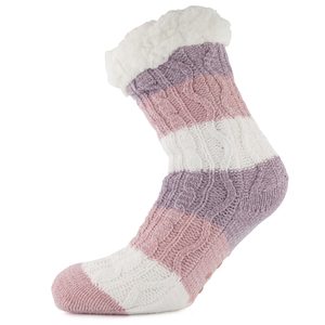 Dámské teplé pletené ponožky s protiskluzem pruhy/lila