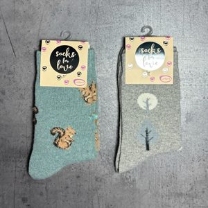 Dámske teplé ponožky s obrázkami zelené/veverička, šedé/lístoček 2 páry 37714