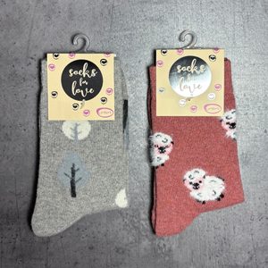 Dámske teplé ponožky s obrázkami ružové/ovečka, šedé/lístoček 2 páry 37714