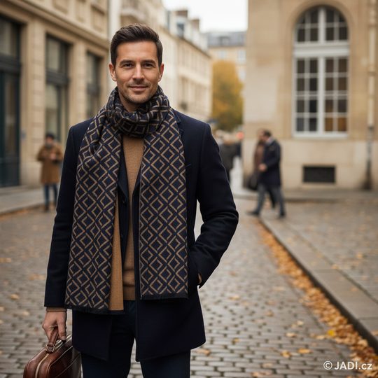 Bugatti oboustranný pánský šál s geometrickým vzorem tmavě modrý 630328-590