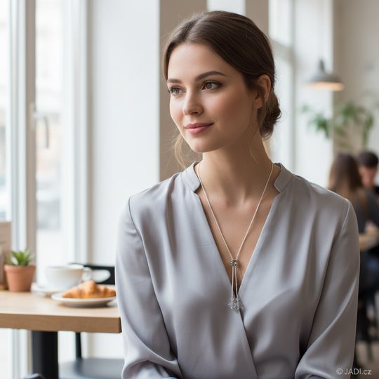 Náhrdelník z drobných rokajlů s větším krystalem/stříbrná barva