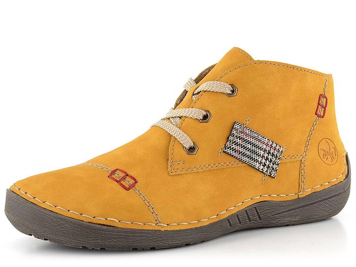 Rieker žltá šnurovacia členková obuv s ozdobným prešitím 52543-69