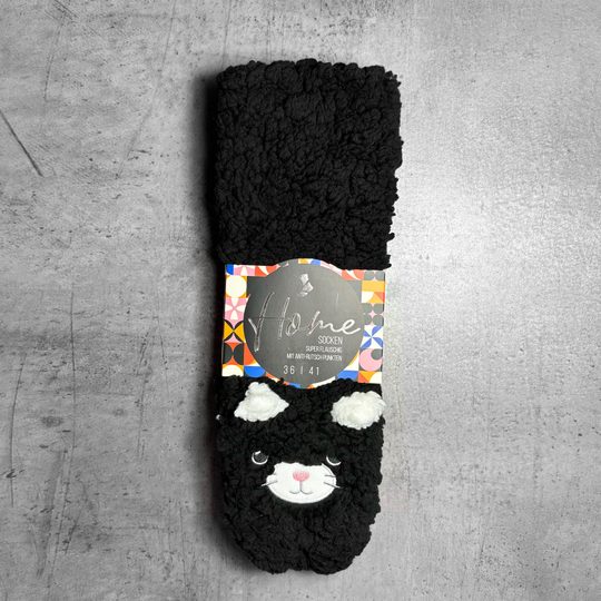 Domácí teplé ponožky uni černá kočička 71899